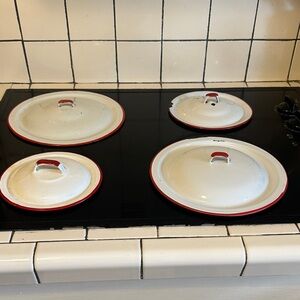 Set of White and Red Enamel Pot Lids
